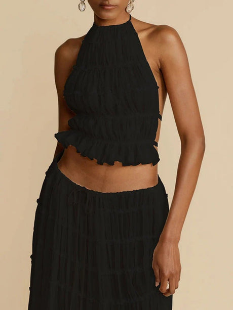 Pleated Sleeveless Backless Halter Neck Full Skirt 2-piece Sets