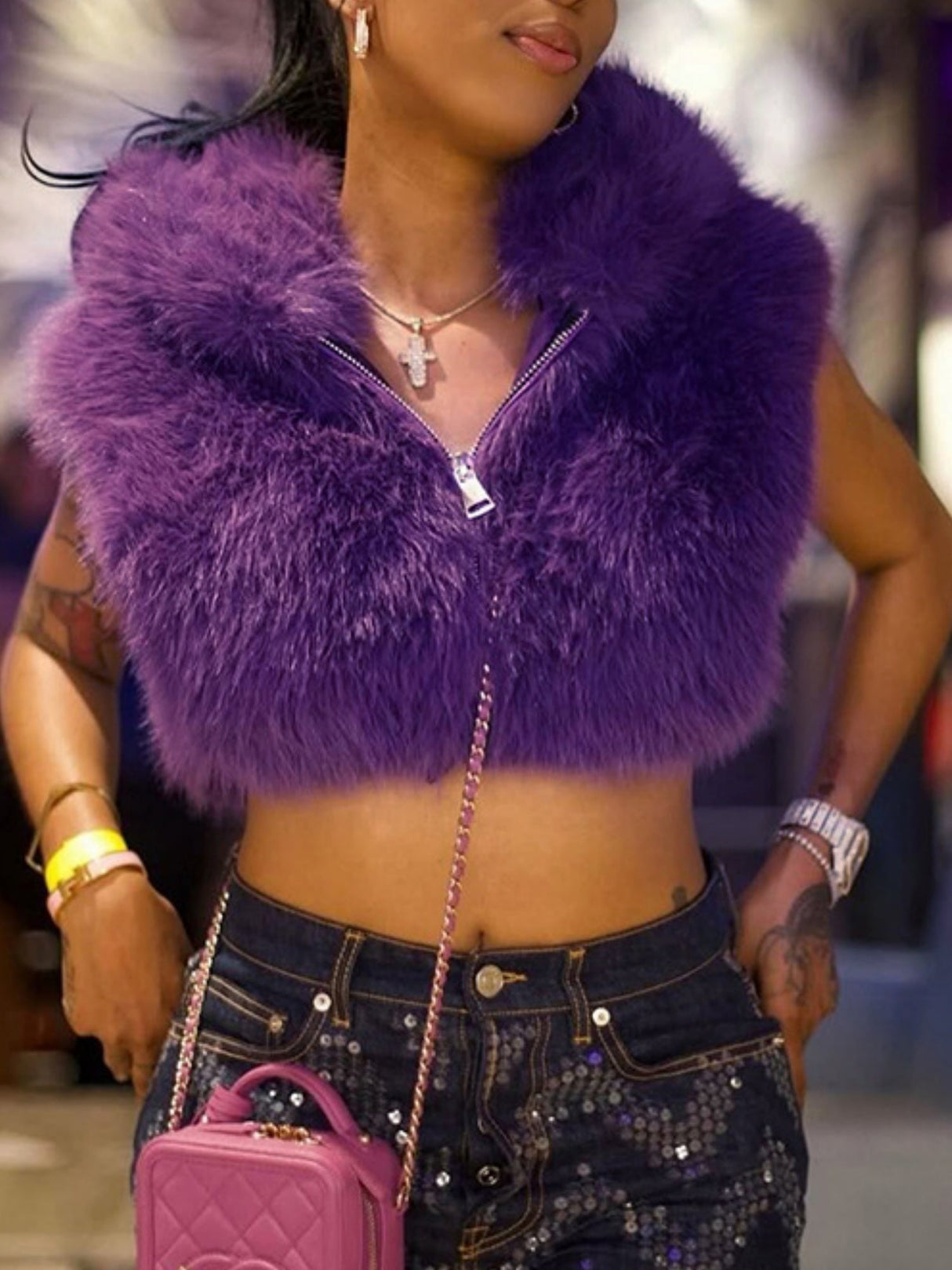 Faux Fur Zipper Hood Sleeveless Cropped Top Vest