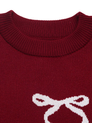 Christmas Bow Jacquard Sweet Red Round Neck Inner Top Long-sleeved Sweater