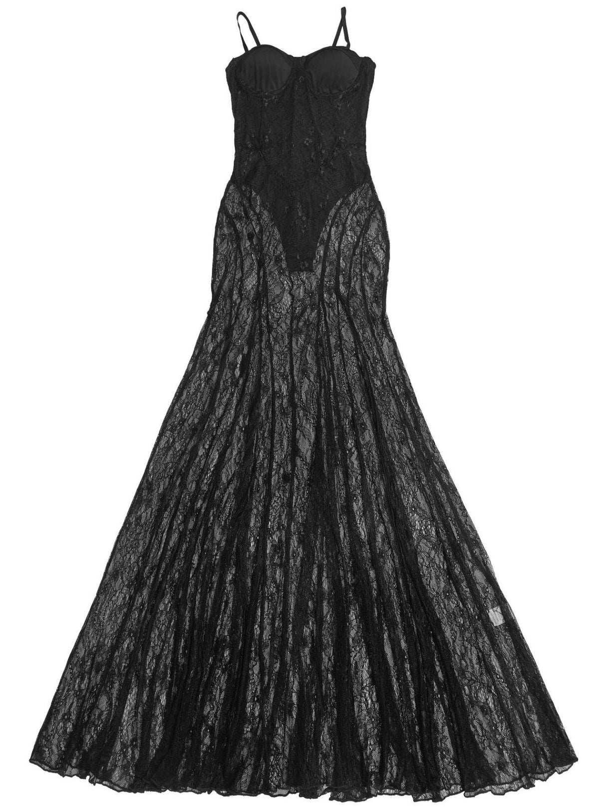 Abendkleid mit Spitzenbesatz, durchsichtiges rückenfreies Camisole, Maxikleid