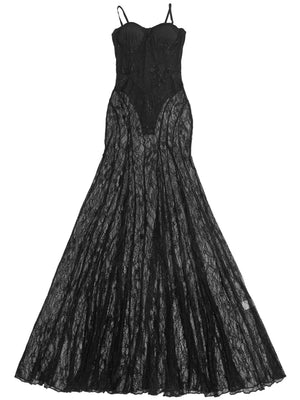 Abendkleid mit Spitzenbesatz, durchsichtiges rückenfreies Camisole, Maxikleid