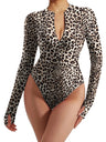 Leopard Print Zippered Long Sleeves Bodysuits
