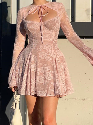 Lace Patchwork Hollow Out Straps Flared Long Sleeves Mini&Short Dresses