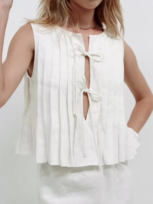 Cotton And Linen Straps Pleated Tank Tops