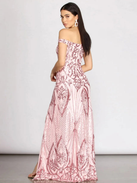 Pink Sequins Off-shoulder Slit Maxi Dresses