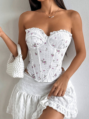 Sweet Floral Lace Trim Fish Bones Tube Top Camisoles