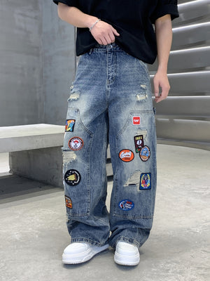Badge Embroidery Denim Loose-fit Patchwork Fake Hole Wide-leg Jeans