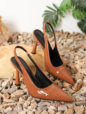 Pointed-toe Embossed Patchwork Open-back High Heels
