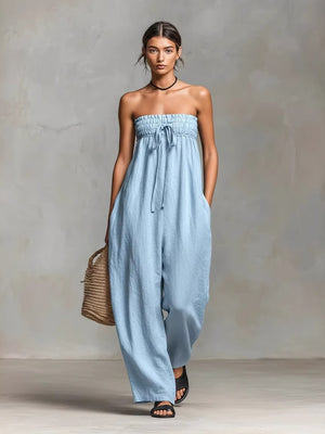 Simple Strapless Jumpsuit Made Of Cotton And Linen Blend