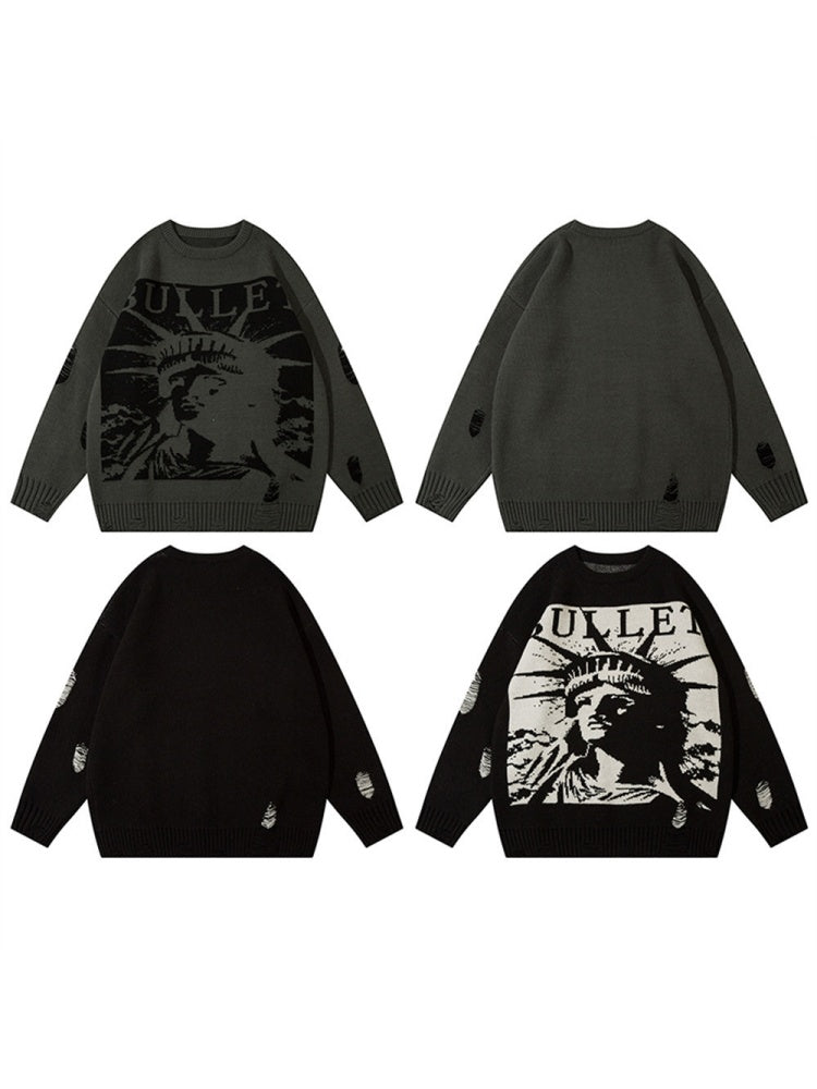 Halloween Retro Character Pattern Loose And Casual Destroyed Sweater