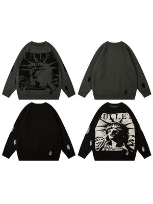 Halloween Retro Character Pattern Loose And Casual Destroyed Sweater