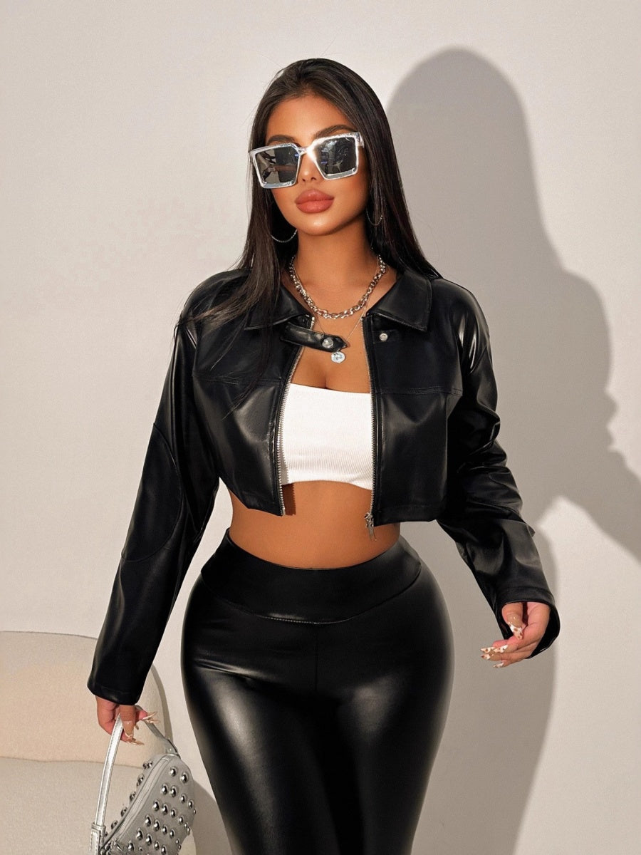 Lapel Button Cropped PU Leather Street Fashion Coat Jackets