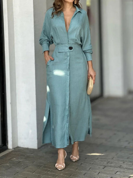 Lapel-front, Fitted Waist, Belted Solid Color Cardigan Long Dress