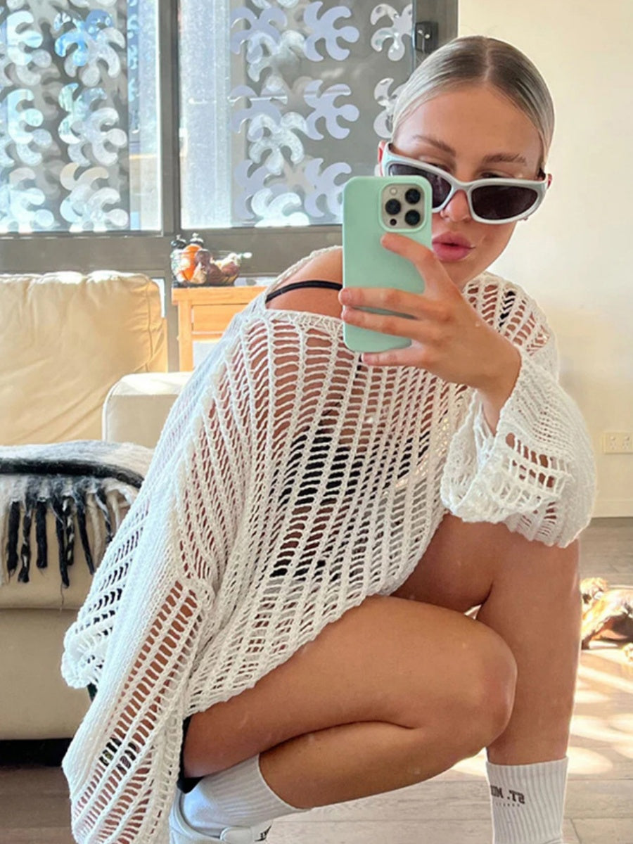 Liber Autumn women's see-through knitted loose hollow pullover mesh see-through top