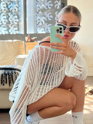 Liber Autumn women's see-through knitted loose hollow pullover mesh see-through top