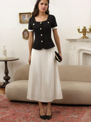 French Color-blocked Top Pleated Skirt Leisure Two-piece Suit