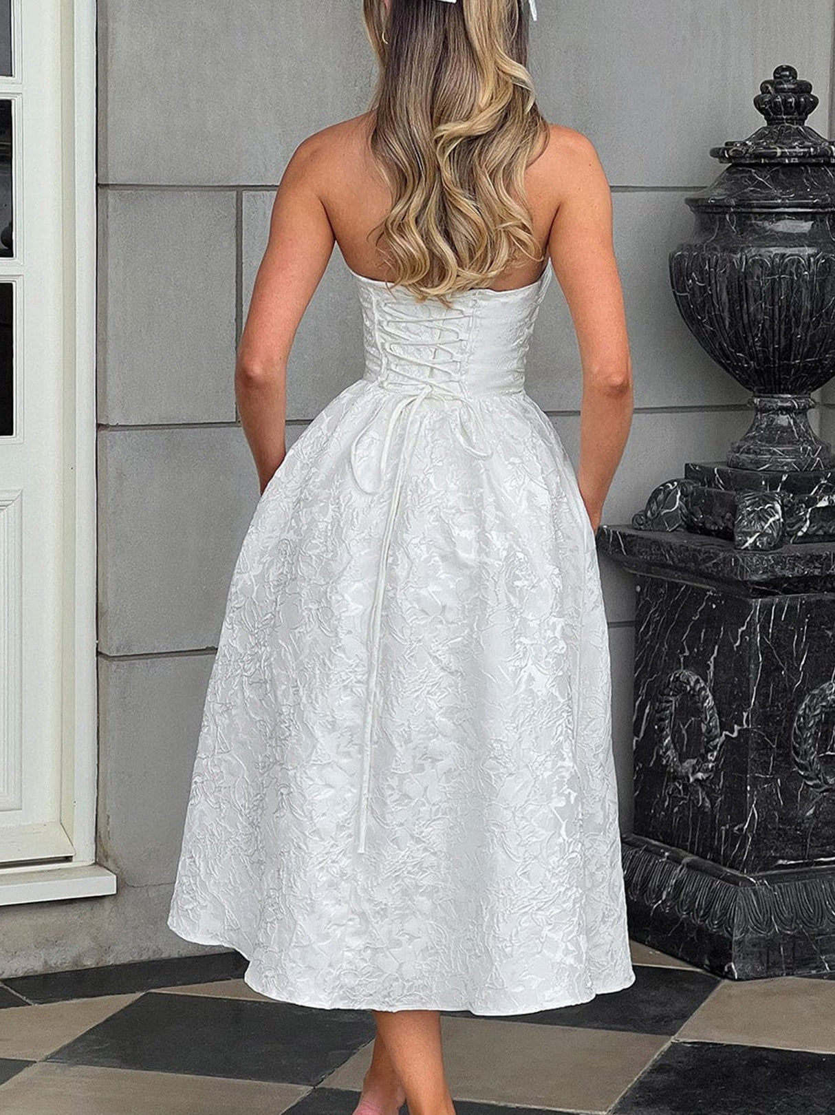 Pleating Jacquard Of Plants And Flowers Tube Top Maxi Dresses