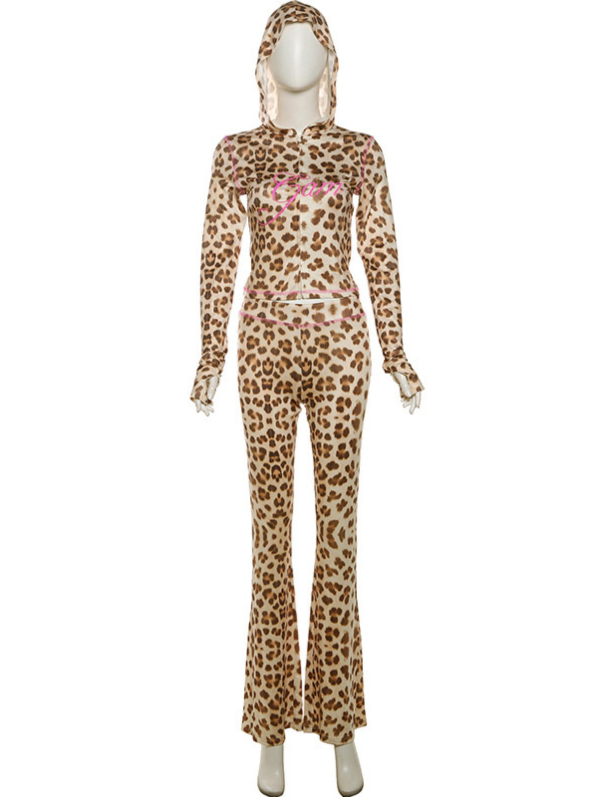 Leopard Print Hooded Cardigan Top High-waisted Skinny Jeans 2-piece Sets
