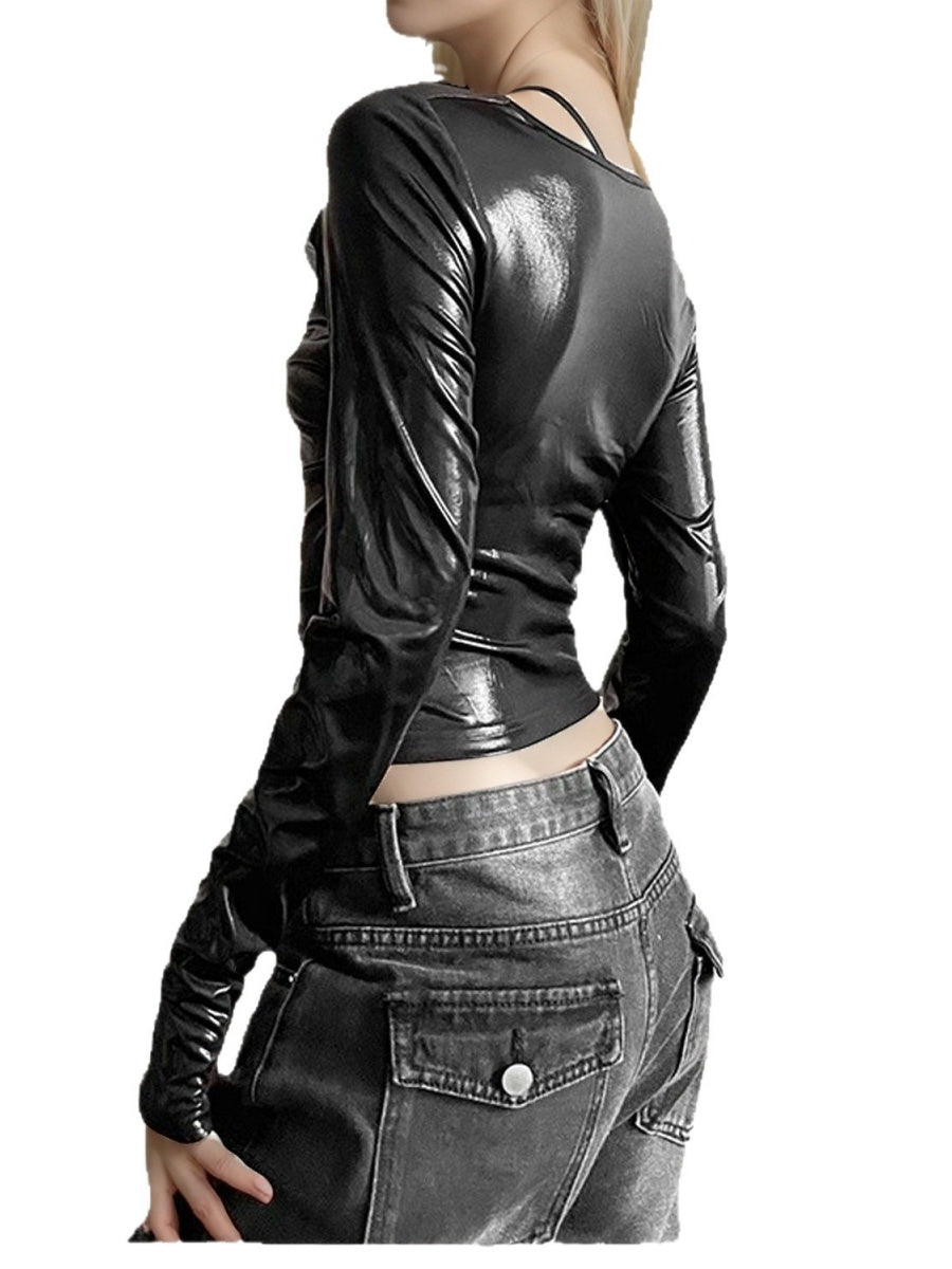 Draped Collar Metallic Paint Gathering T-shirts