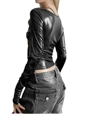 Draped Collar Metallic Paint Gathering T-shirts