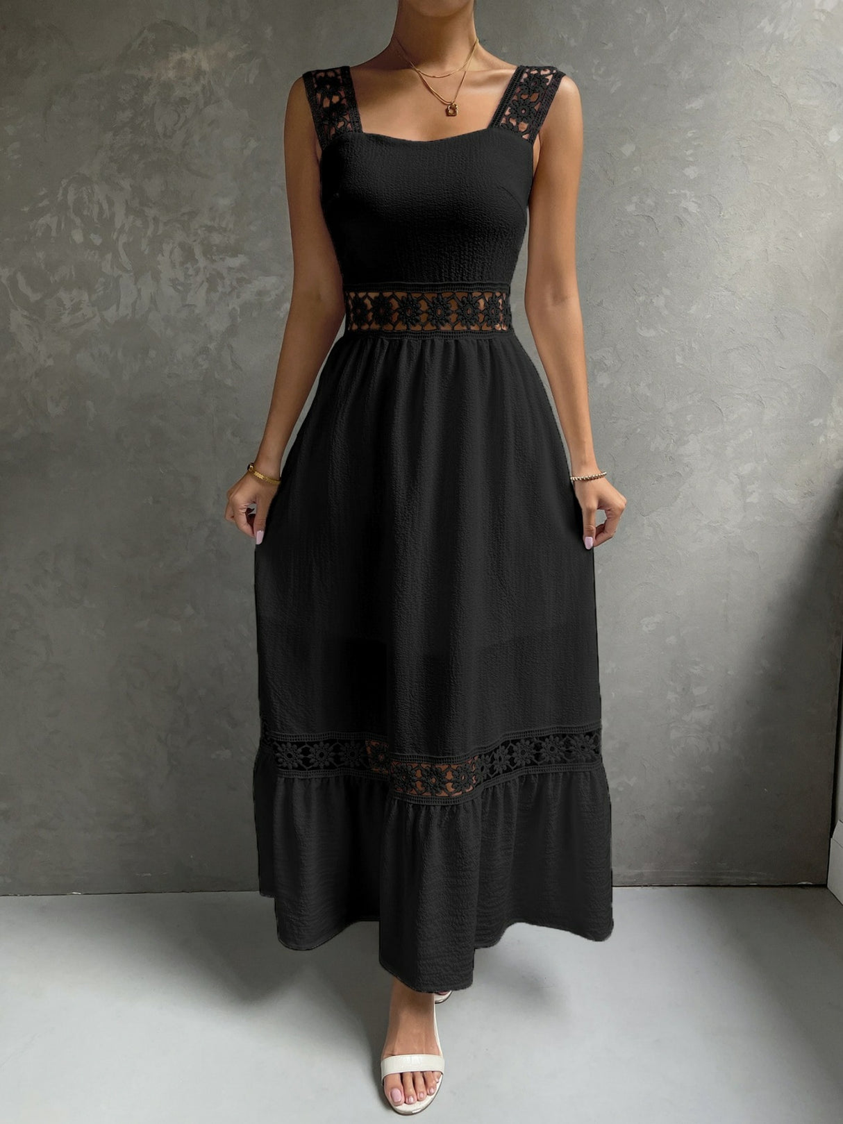 Lace Cutout Trim Sleeveless Patchwork Slim Fit Maxi Dresses