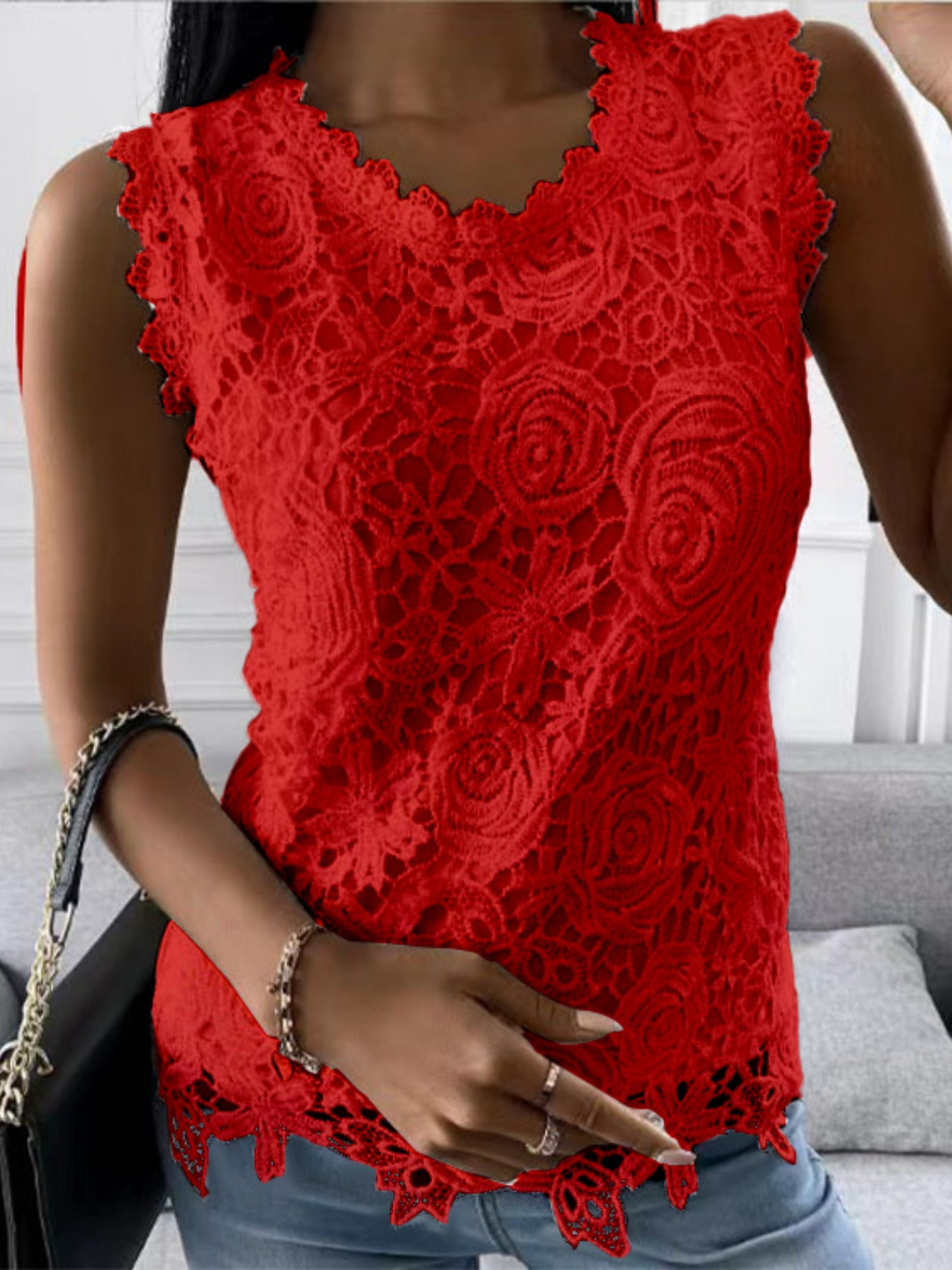 Lace Trim Crew Neck Tank Tops&Camis