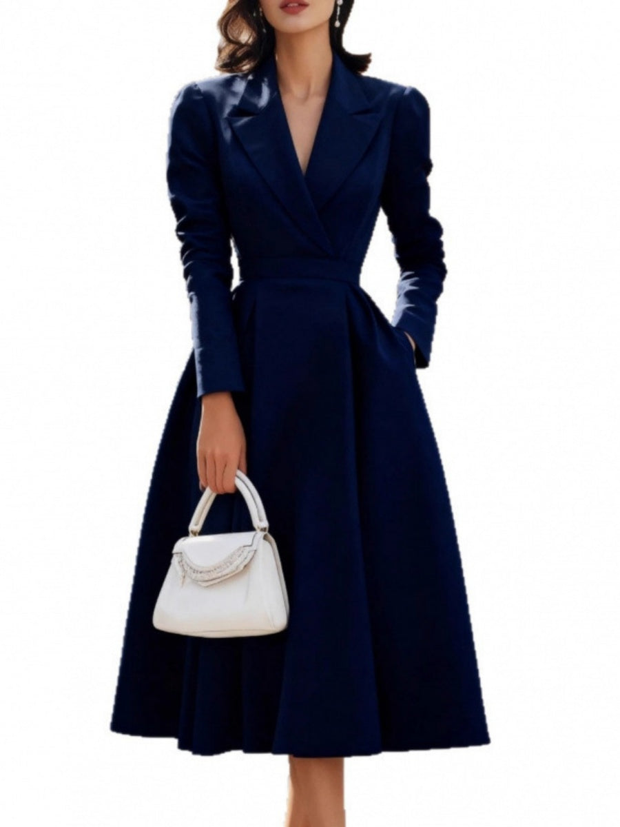 Lapel V-neck Waist Commuting Midi Dresses