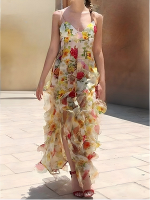 Floral Print Halter Dress With Ruffled Trim