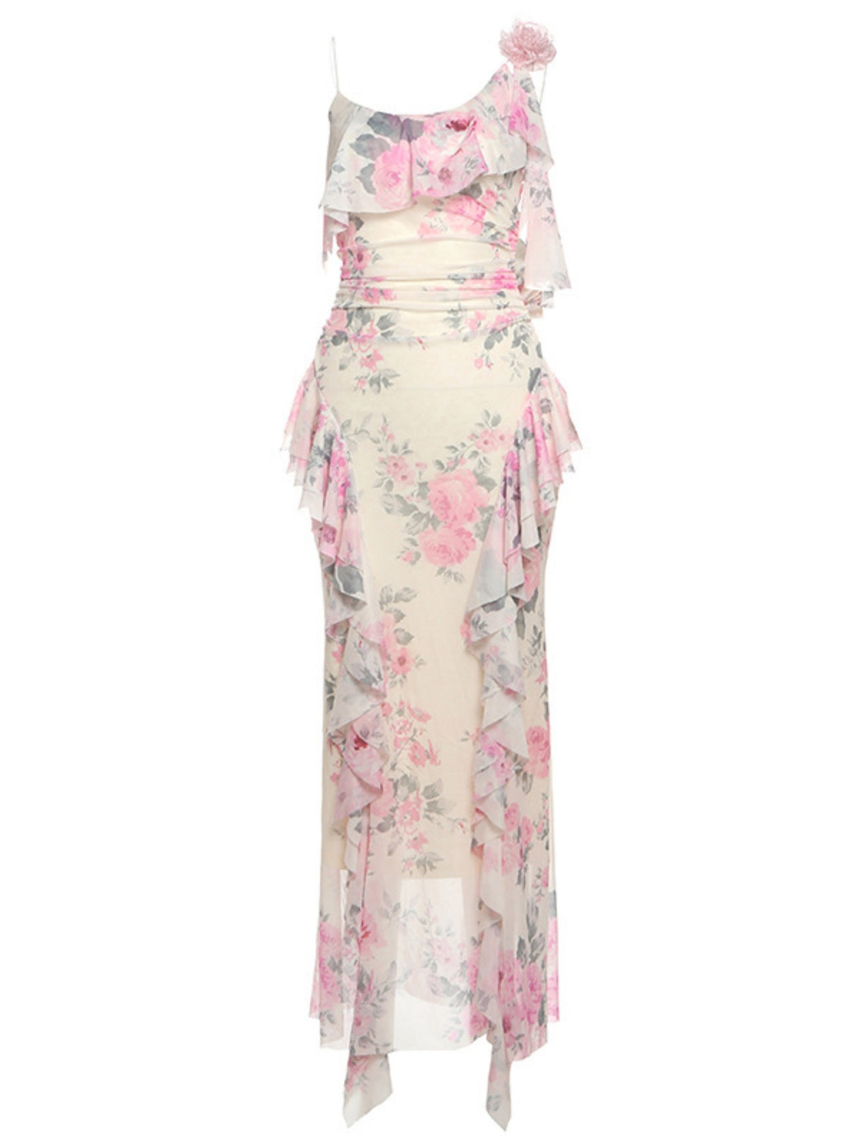 Printed Ruffled Splicing Mesh Camisoles Maxi Dresses