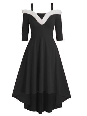 Christmas Plush Splicing High And Low Deep V Off-shoulder Large Skirt Three-quarter Sleeves Midi Dresses