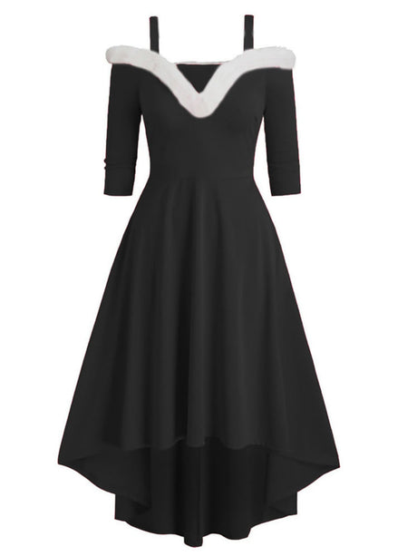 Christmas Plush Splicing High And Low Deep V Off-shoulder Large Skirt Three-quarter Sleeves Midi Dresses