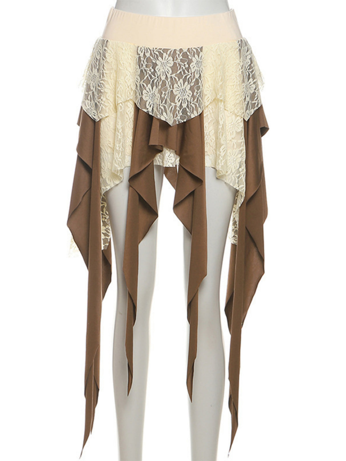 Lace Patchwork Irregular Tassels Color-blocked Short Skirt