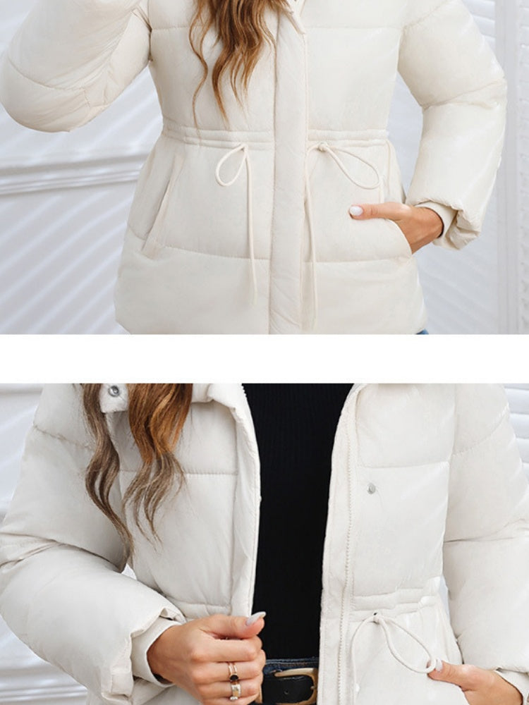 Stand Collar Waist Tie Down Padded Jacket Warm Coat