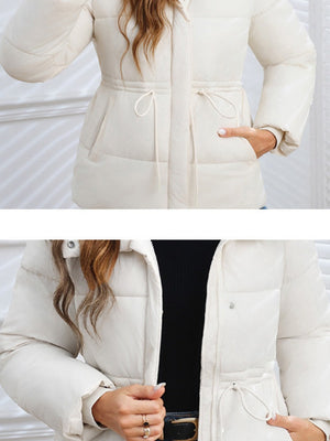 Stand Collar Waist Tie Down Padded Jacket Warm Coat
