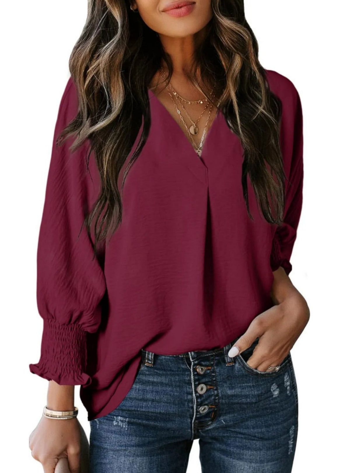 V-neck Long Sleeve Roll Up The Cuffs Shirt T-shirts