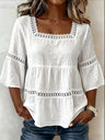 Lace Patchwork Cotton And Linen Square Neckline And Three-quarter Sleeves T-shirts