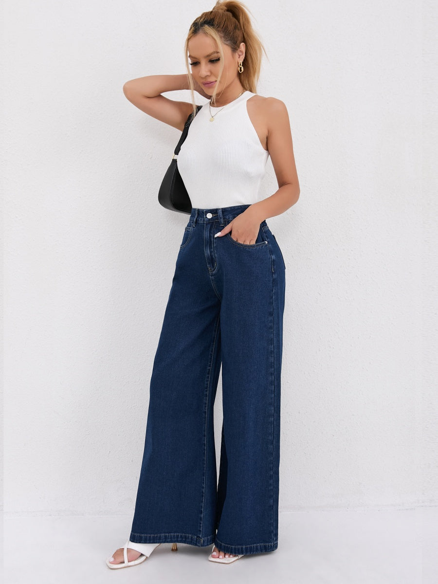 High Waist Dark Blue Wide Leg Mopping Jeans
