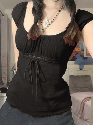 Bow-knot Waist Lace Patchwork Sweet Short Sleeves T-shirts