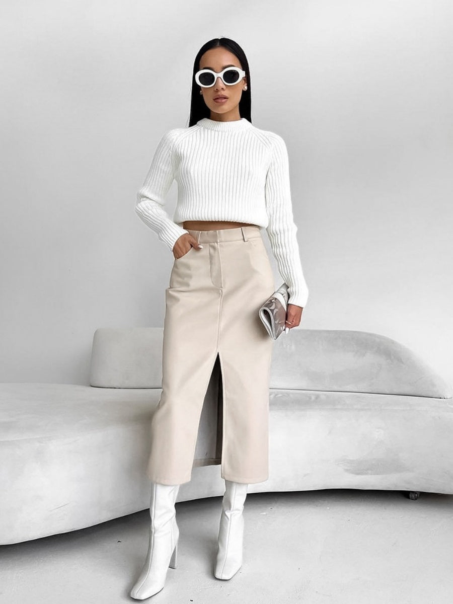 Bodycon Style Matte Fleece Lining PU Leather Slit Sexy Workplace Casual Skirt