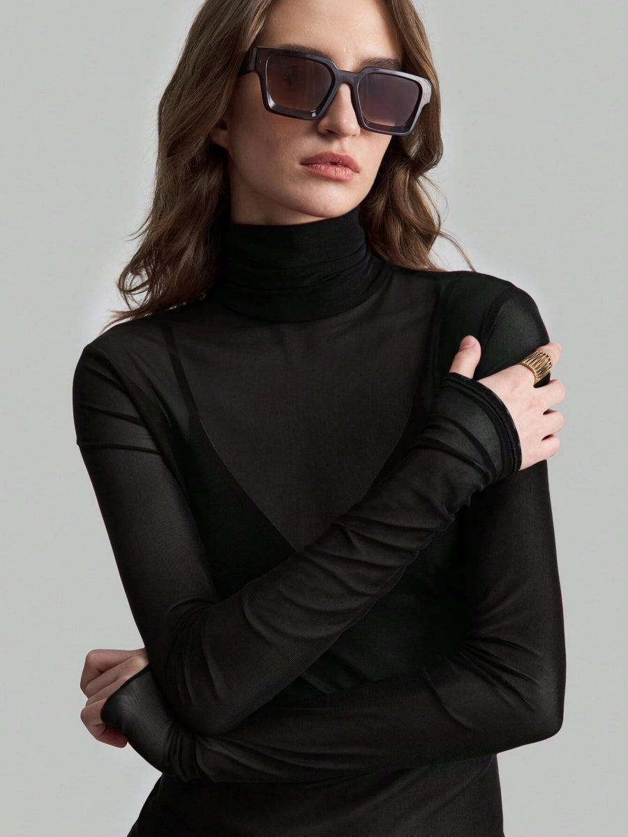 Headband Perspective Turtleneck Slim Fit Party And Nightclub Outfits With Mesh/see-through Tops