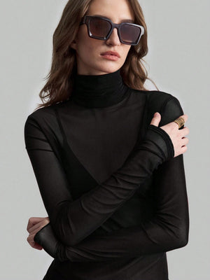 Headband Perspective Turtleneck Slim Fit Party And Nightclub Outfits With Mesh/see-through Tops