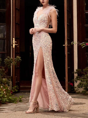 Robes maxi à sequins et plumes roses