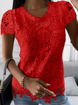Lace Trim Crew Neck Short-sleeved T-shirt