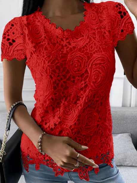 Lace Trim Crew Neck Short-sleeved T-shirt