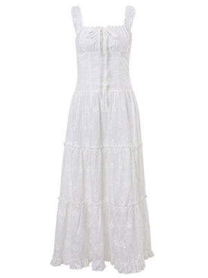 Lace Jacquard Square Neck Suspenders Sweet Tie Maxi Dresses