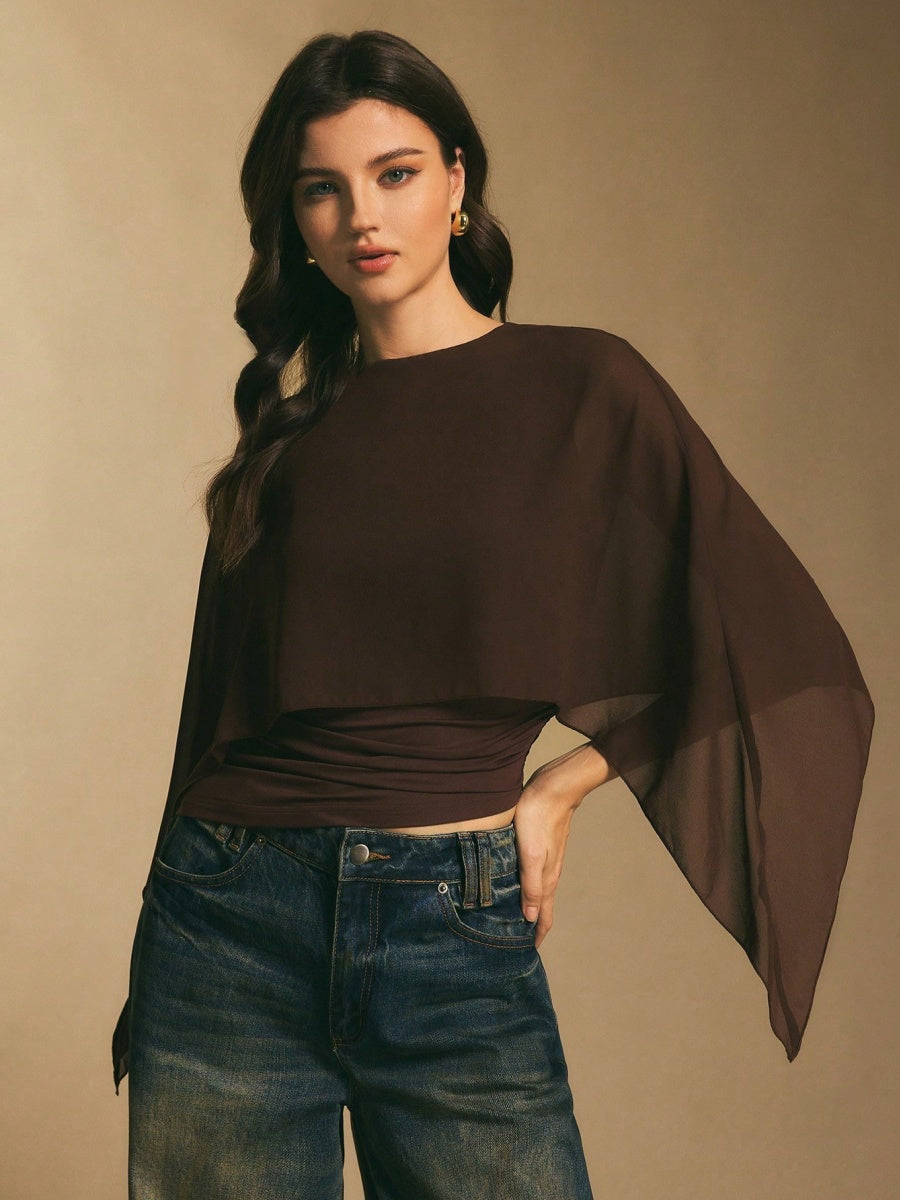 Cape-sleeve T-shirt, Round Neck, Loose Chiffon Cover-up, Elegant Irregular Top/T-shirt