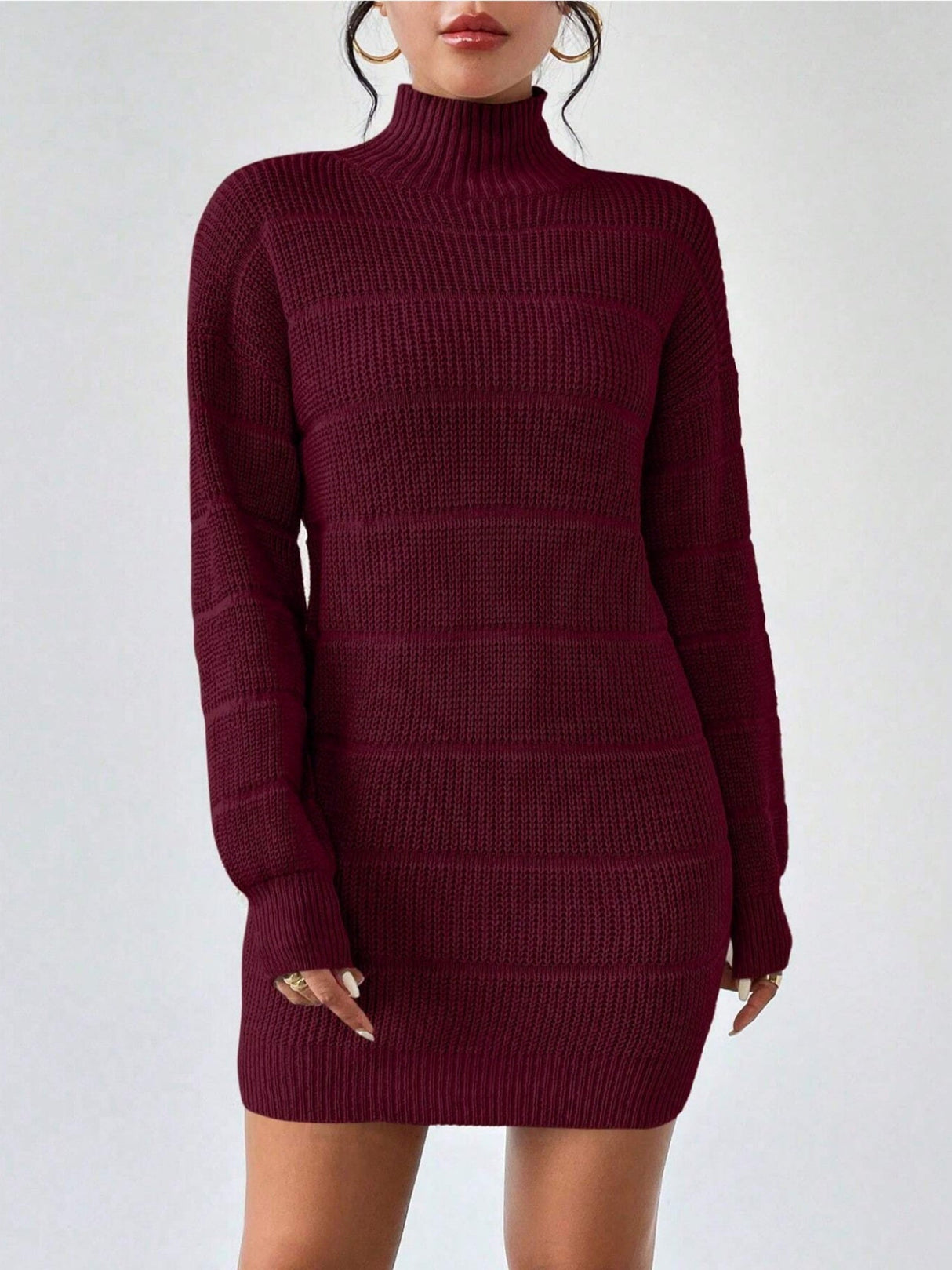 High Collar Long Sleeve Waist-cinching And Hip-hugging Knitted Sweaters Midi Dresses