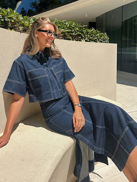 Short Sleeve Shirt Slit Skirts Denim Set 2-piece Sets