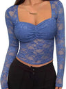 Lace See-through Square Neckline And Fitted Waist Long-sleeved T-shirt