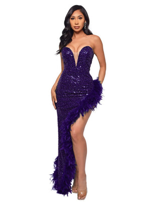 Deep V-neck Sheer Mesh Strapless Backless Sequined Feather Mini Dress